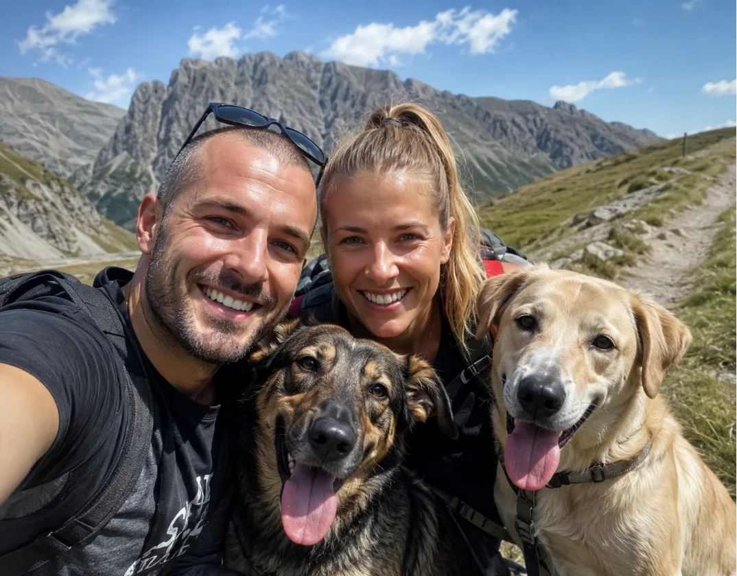 Two people on a mountain trail with their two dogs