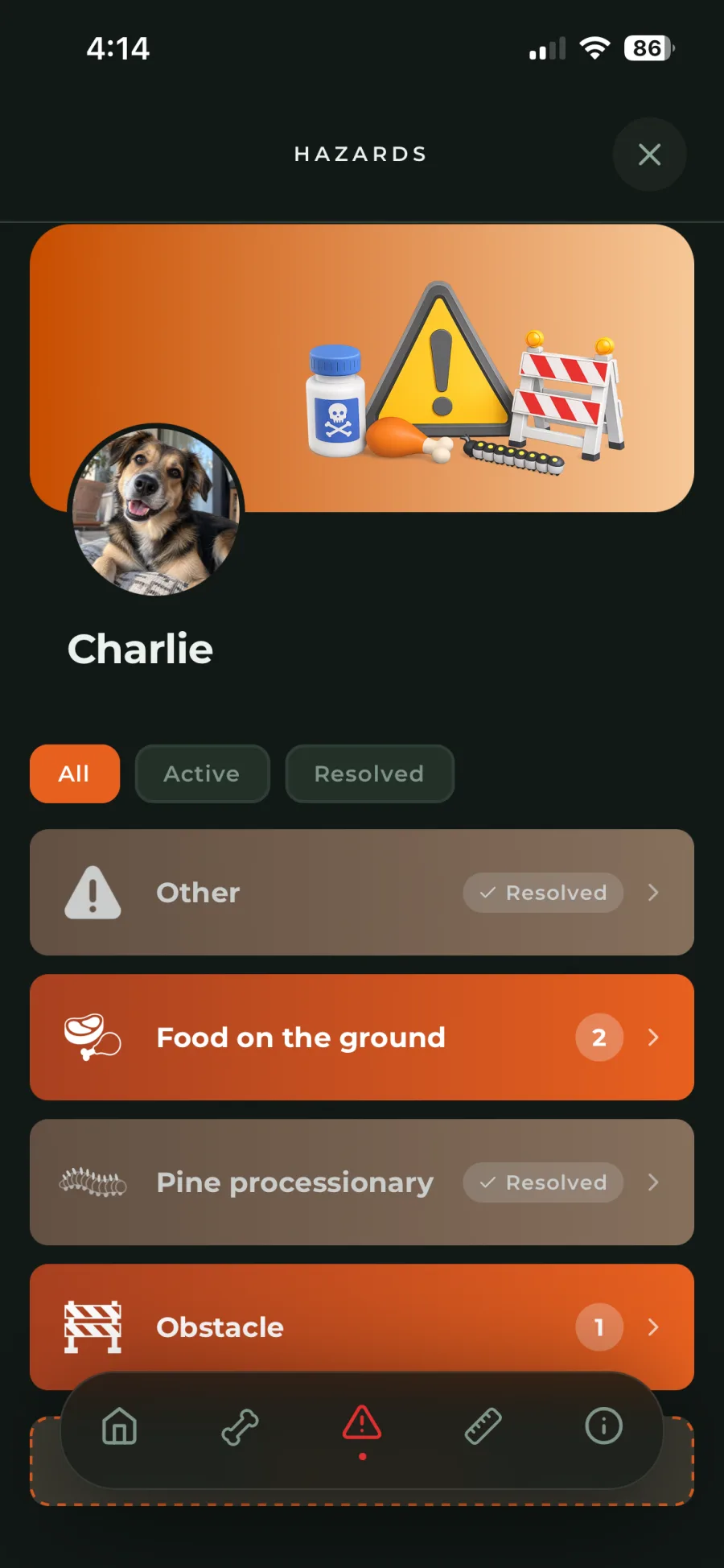 Hazards list: food on the ground, pine processionary and obstacles, filtered by active or resolved
