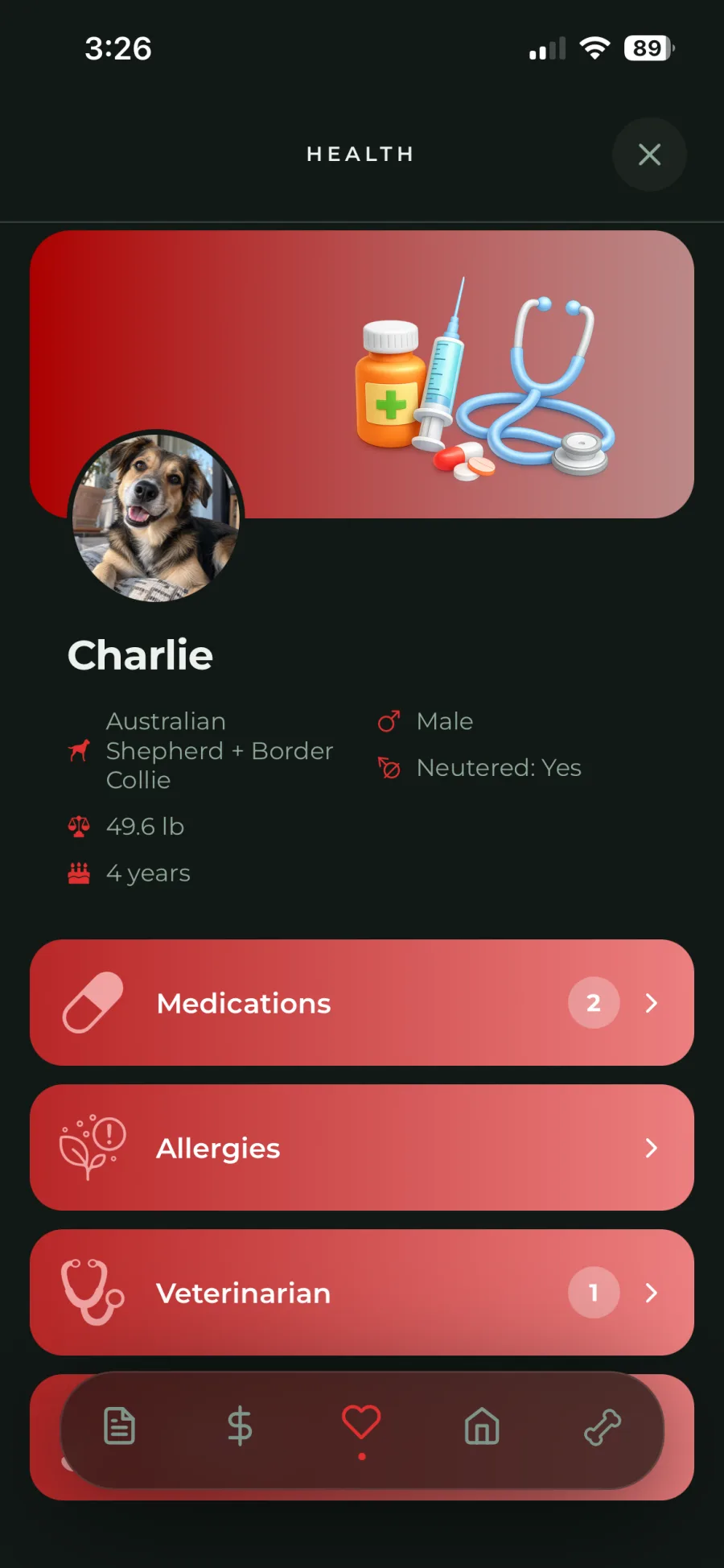 Health screen: Charlie's profile with medications, allergies and veterinarian