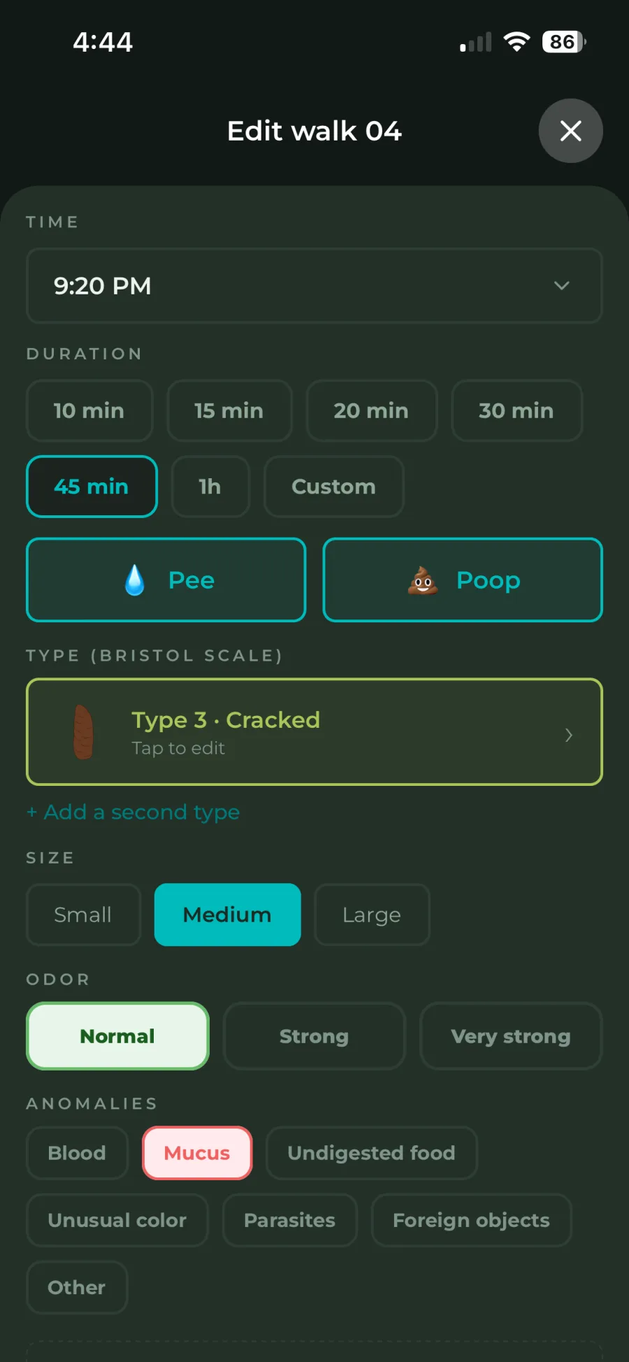 Walk log: duration, pee and poop, Bristol stool type, size, odor and anomalies