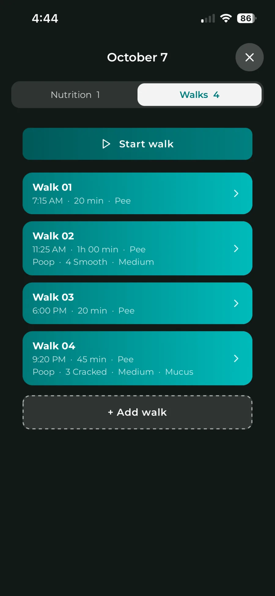 Walk diary on iPhone: today's walks logged from the watch
